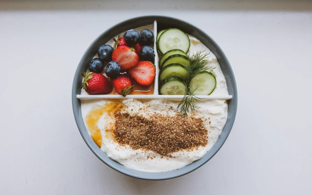 A bowl of cottage cheese topped with strawberries, blueberries, and honey on one side, cucumber slices and dill on the second, and everything bagel seasoning on the third.
