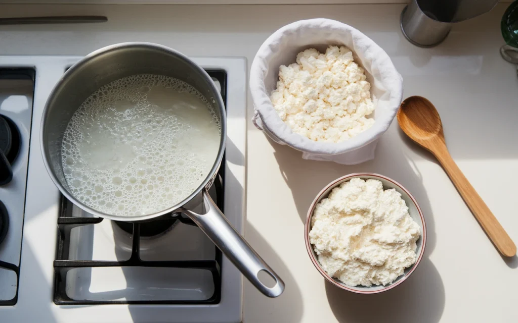 A saucepan with curdled milk, fresh curds draining in cheesecloth, and a bowl of finished cottage cheese on a white countertop