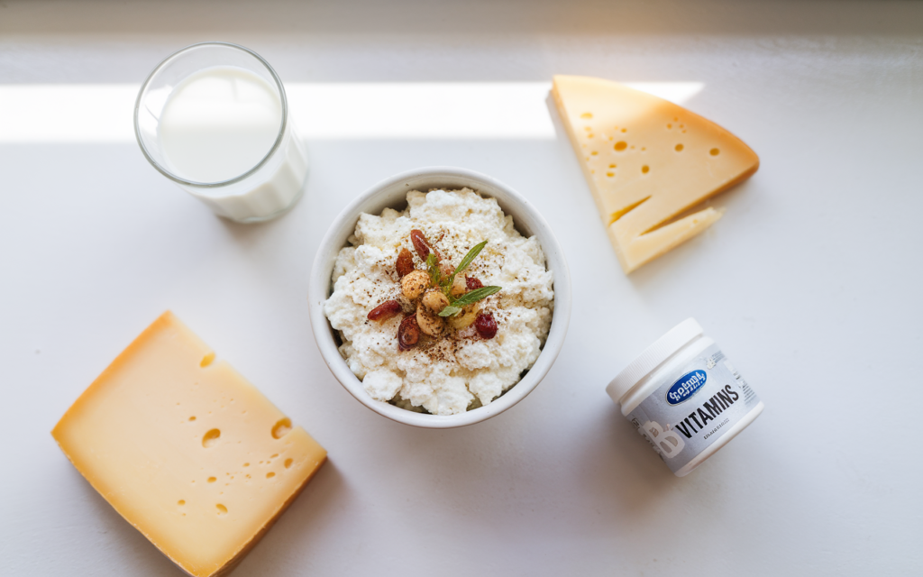 A bowl of cottage cheese placed on a white countertop surrounded by a glass of milk, a wedge of cheese, and a container labeled 'B vitamins,' highlighting its nutritional benefits.