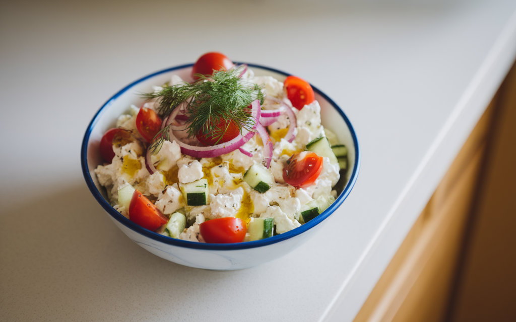 A refreshing salad bowl with cottage cheese, diced cucumbers, cherry tomatoes, red onions, and fresh dill, drizzled with olive oil, served on a white countertop