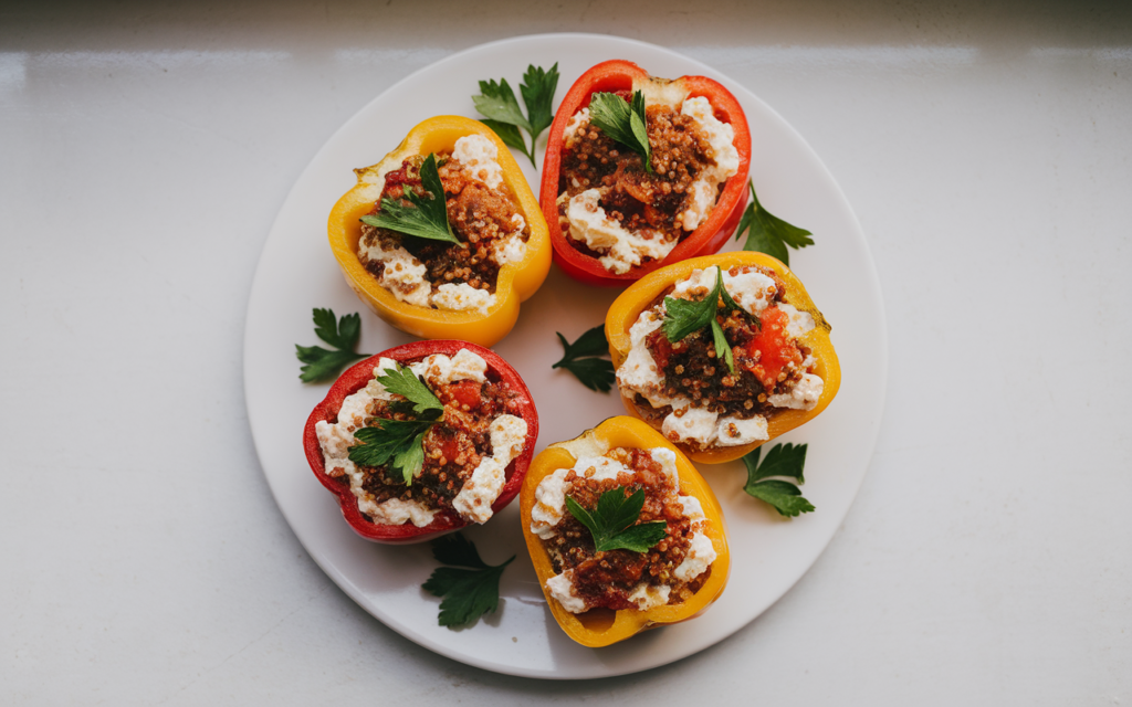 Baked bell pepper halves stuffed with cottage cheese, quinoa, and sautéed vegetables, topped with melted mozzarella and garnished with parsley, served on a white plate.