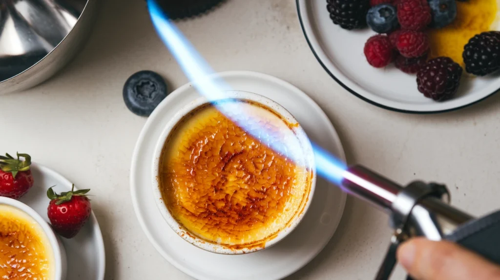 Caramelizing sugar on crème brûlée with a kitchen torch, showing the golden crust forming on a white kitchen counter