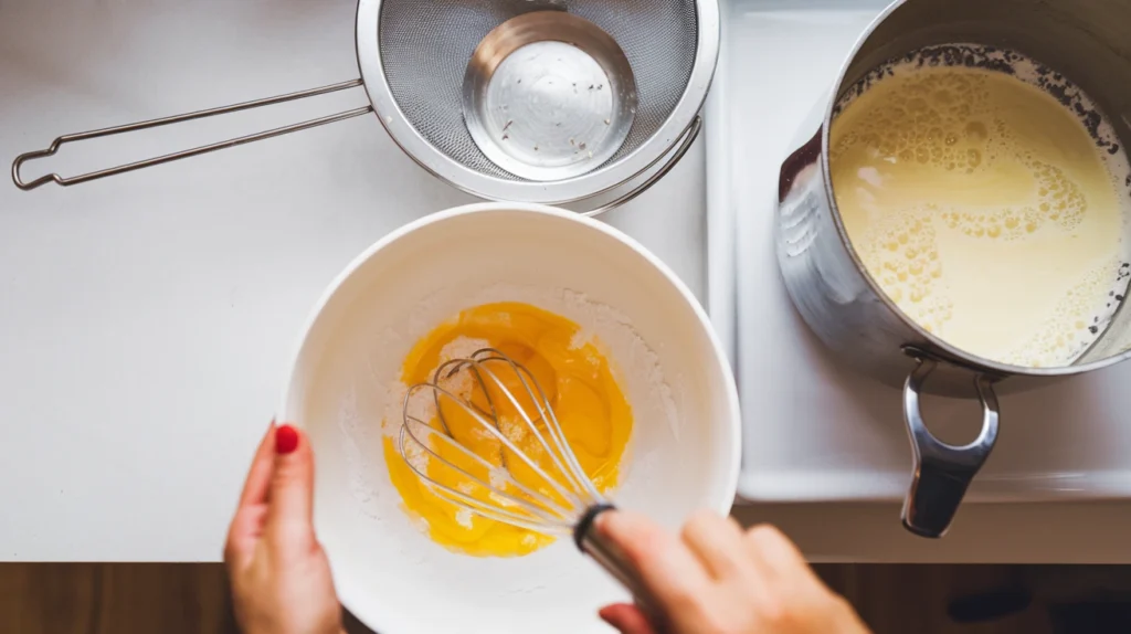 Egg yolks and sugar being whisked for crème brûlée custard base preparation on a white kitchen counter