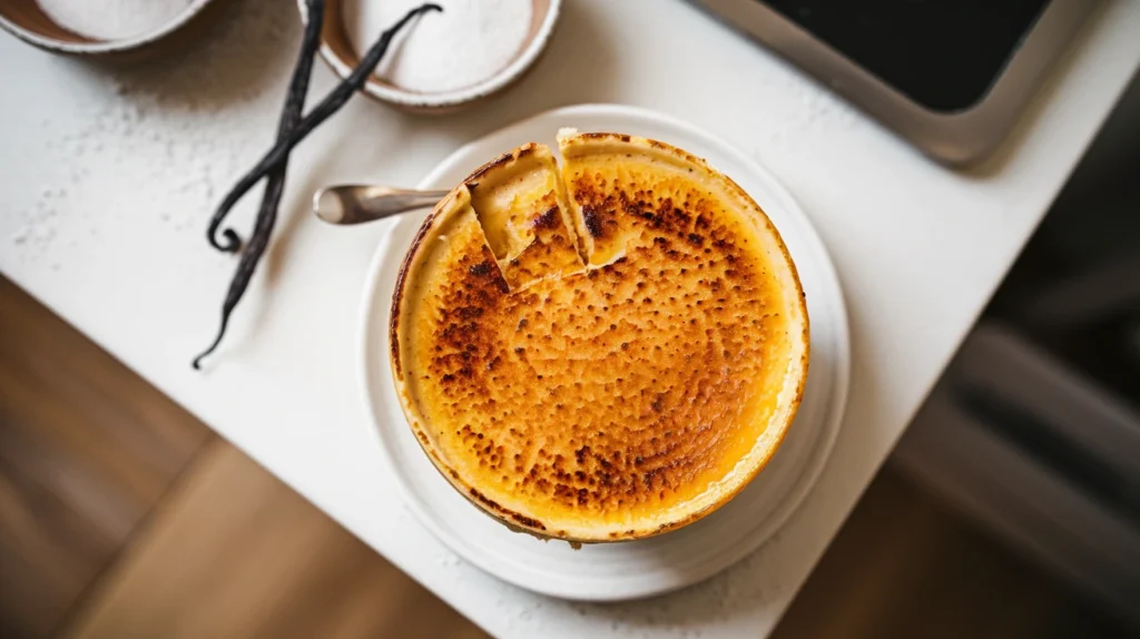 A perfectly caramelized crème brûlée on a white kitchen counter, with vanilla beans and sugar as props