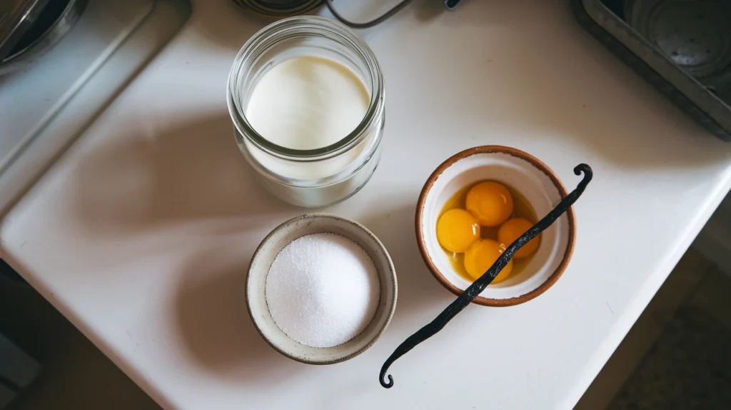 Crème brûlée ingredients: heavy cream, sugar, egg yolks, and vanilla bean, laid out on a white kitchen counter