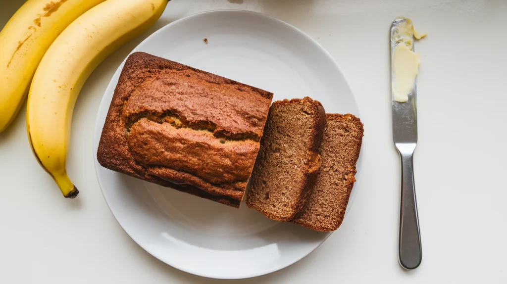 Freshly baked banana bread sliced, showcasing moist texture with overripe bananas and butter knife on a white kitchen counter