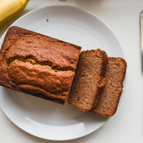 Freshly baked banana bread sliced, showcasing moist texture with overripe bananas and butter knife on a white kitchen counter