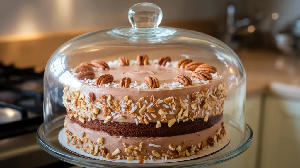 fully frosted German Chocolate Cake under a glass cake dome
