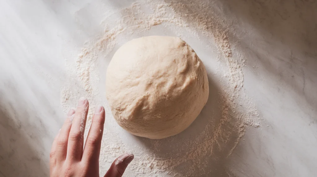 Top-down view of freshly kneaded dough ball on a floured surface, ready for the next step in making Swiss Gipfeli