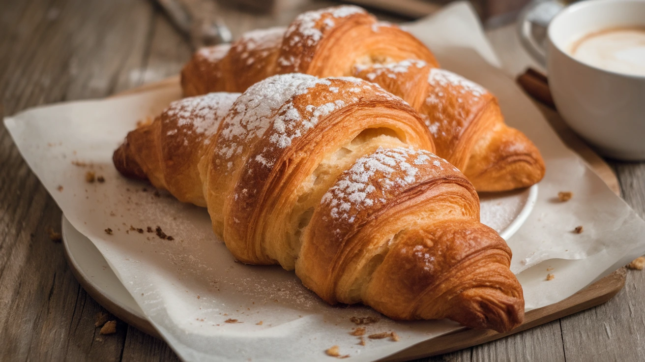 Freshly baked golden Gipfeli dusted with powdered sugar on a rustic wooden table, served alongside a cup of coffee