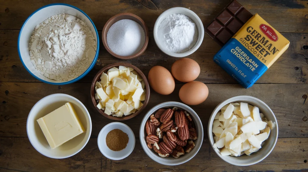 ingredients for German Chocolate Cake laid out in bowls. Include flour, sugar, unsalted butter, eggs, coconut flakes, pecans, and a piece of Bakers German Sweet Chocolate.