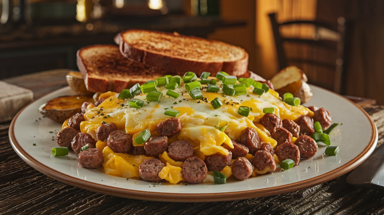 of a plate of ground sausage dinner.