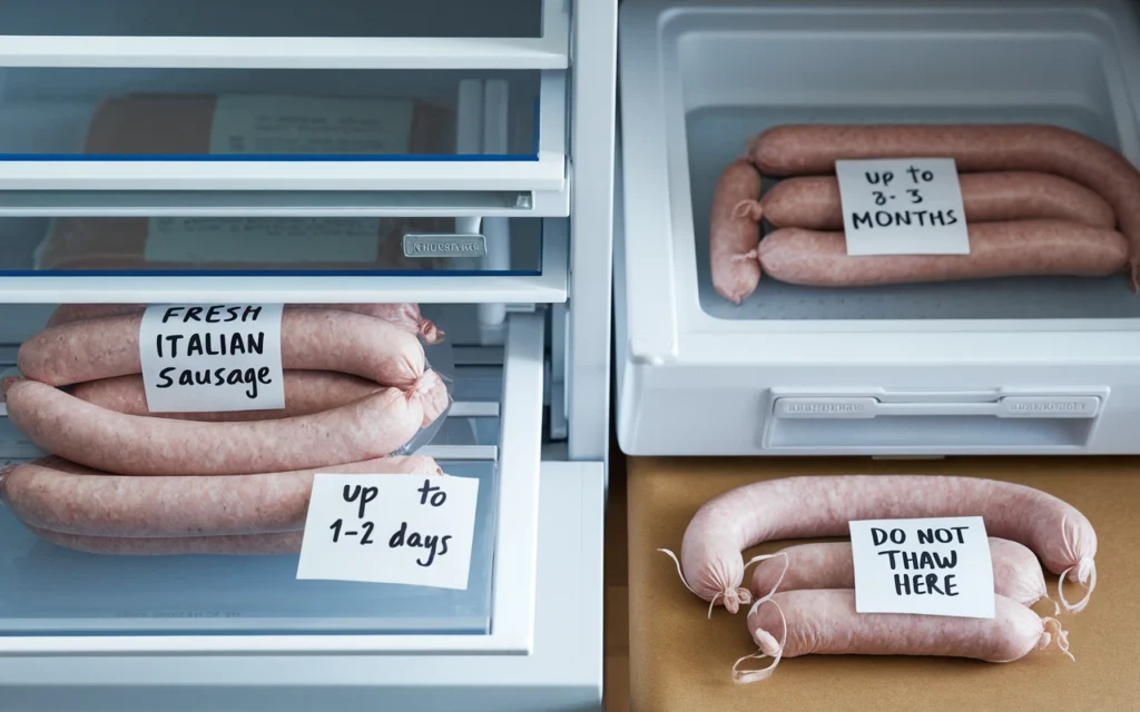 proper storage for fresh and frozen Italian sausage, including refrigerator and freezer timelines.
