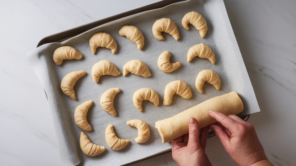 Top-down view of raw Gipfeli dough crescents arranged on a parchment-lined baking tray, with hands rolling a triangle into a crescent shape
