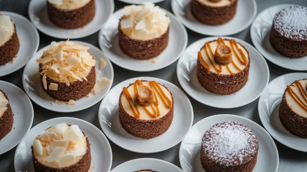 shot of several mini German Chocolate Cakes arranged on small white plates, each with a unique topping