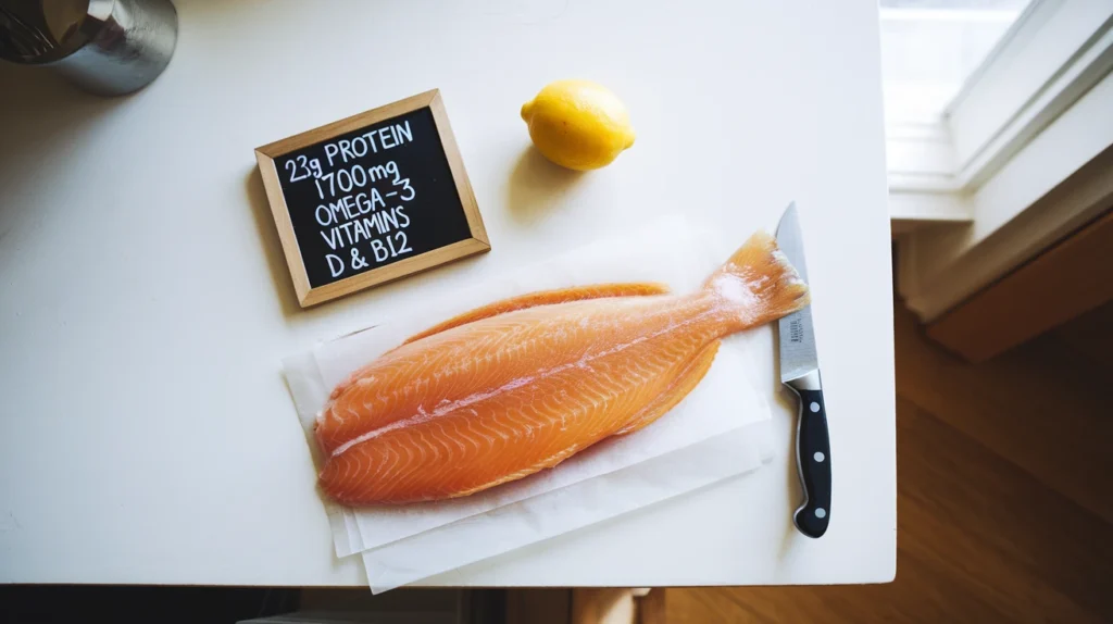 Steelhead trout fillet next to a chalkboard tag showing nutritional benefits like high protein and omega-3 content.