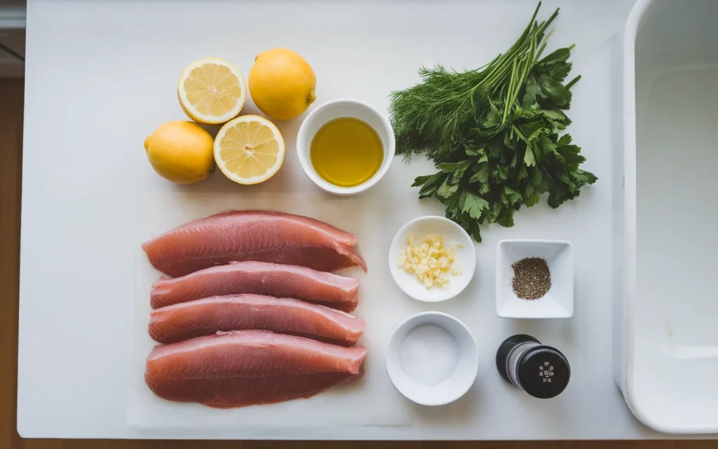 ngredients for a steelhead trout recipe, including raw trout fillets, halved lemons, a bowl of olive oil, fresh herbs, minced garlic, sea salt, and black pepper, neatly arranged on a white kitchen counter.