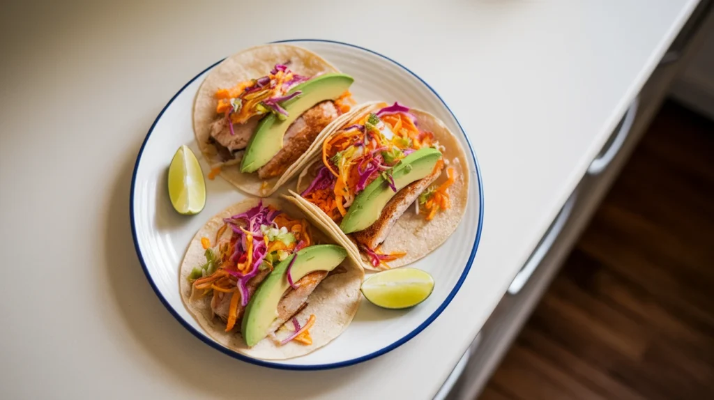  Steelhead trout tacos with citrus slaw, avocado slices, and lime wedges on a white plate.