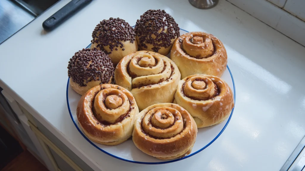 Sweet brioche variations, including chocolate chip-studded rolls and glazed cinnamon brioche, arranged on a white plate on a white kitchen counter.