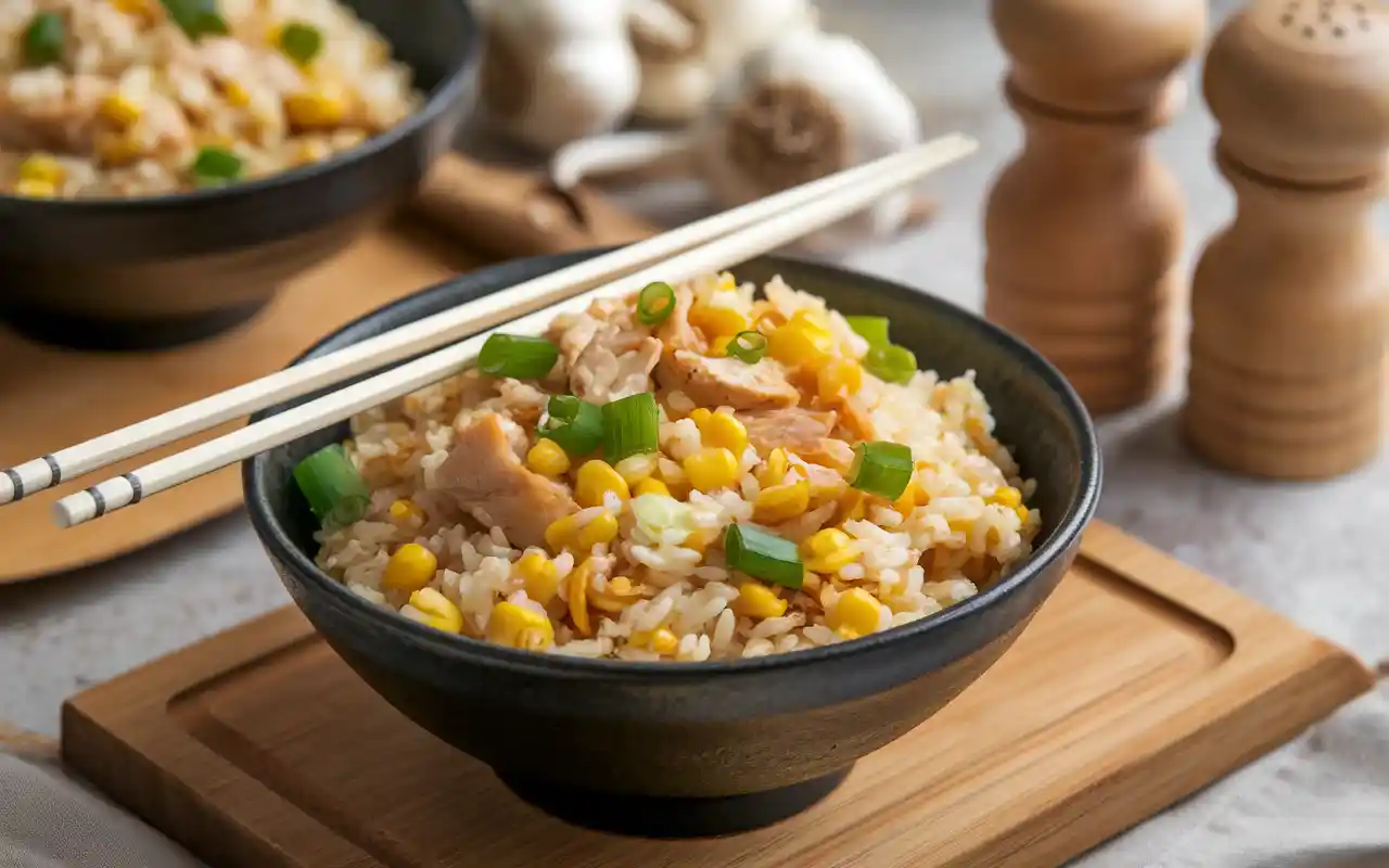 A bowl of Benihana-style chicken fried rice, featuring fluffy golden rice mixed with tender chicken chunks, sweet corn kernels, and fresh green onions. The bowl is placed on a rustic wooden board with chopsticks resting on the rim. In the background, another bowl of fried rice, garlic bulbs, and wooden salt and pepper shakers create a warm, inviting meal preparation scene.