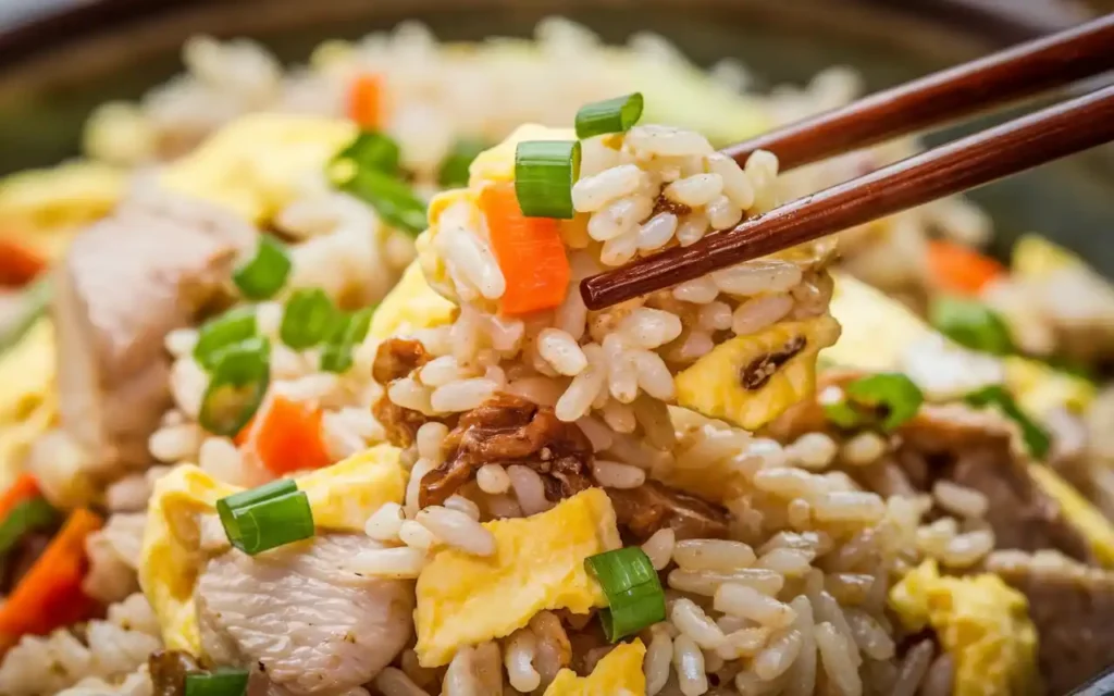 Close-Up of Benihana Chicken Fried Rice with Chicken, Vegetables, and Scrambled Eggs