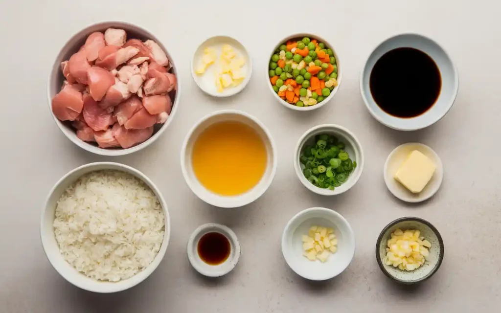 A collection of ingredients for Benihana chicken fried rice, neatly arranged on a light background. Includes a bowl of chopped chicken, white rice, mixed vegetables (peas, carrots, corn), soy sauce, beaten eggs, butter, pepper, green onions, sesame oil, minced garlic, and chopped onions. Perfectly organized for meal preparation.