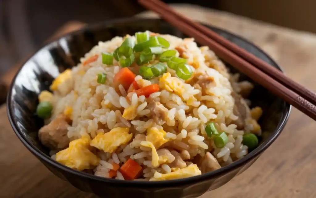 A bowl of delicious Benihana-style chicken fried rice, featuring fluffy rice mixed with tender chicken chunks, diced carrots, peas, and scrambled eggs. Garnished with fresh sliced green onions, the bowl sits on a rustic wooden surface with a pair of brown chopsticks resting on the rim. The blurred background highlights the vibrant colors and textures of the dish.