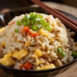 A bowl of delicious Benihana-style chicken fried rice, featuring fluffy rice mixed with tender chicken chunks, diced carrots, peas, and scrambled eggs. Garnished with fresh sliced green onions, the bowl sits on a rustic wooden surface with a pair of brown chopsticks resting on the rim. The blurred background highlights the vibrant colors and textures of the dish.