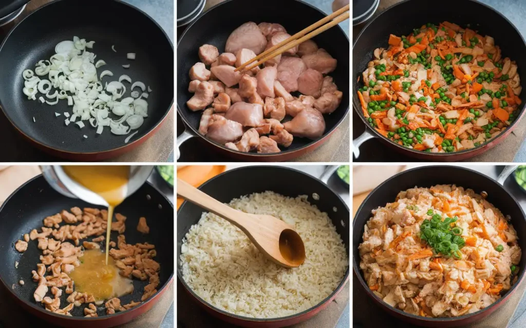 A six-panel step-by-step guide to preparing Benihana chicken fried rice. Panel 1: Sautéing onions in a pan. Panel 2: Adding chicken pieces to the pan. Panel 3: Mixing chicken with vegetables like peas and carrots. Panel 4: Pouring sauce into the pan. Panel 5: Adding and stirring rice into the mixture. Panel 6: The finished dish—golden chicken fried rice garnished with fresh green onions.