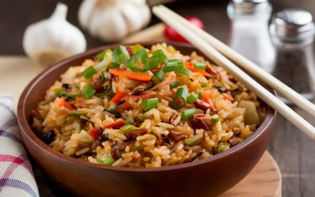 A bowl of vibrant Benihana-style chicken fried rice, garnished with fresh green onions, diced carrots, and other colorful ingredients. A pair of wooden chopsticks rests on the dish, ready for serving. In the background, garlic bulbs and salt and pepper shakers suggest a flavorful, garlic-infused seasoning. The bowl sits on a rustic wooden surface with a hint of a cloth or napkin on the side, adding to the cozy dining atmosphere.