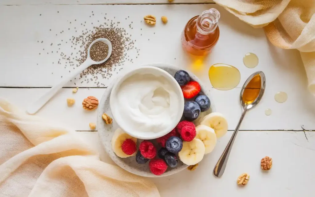 A flat lay of ingredients for Chia Seed Yogurt, featuring plain yogurt, chia seeds, vanilla extract, honey, fresh fruit, granola, and nuts on a rustic wooden surface.