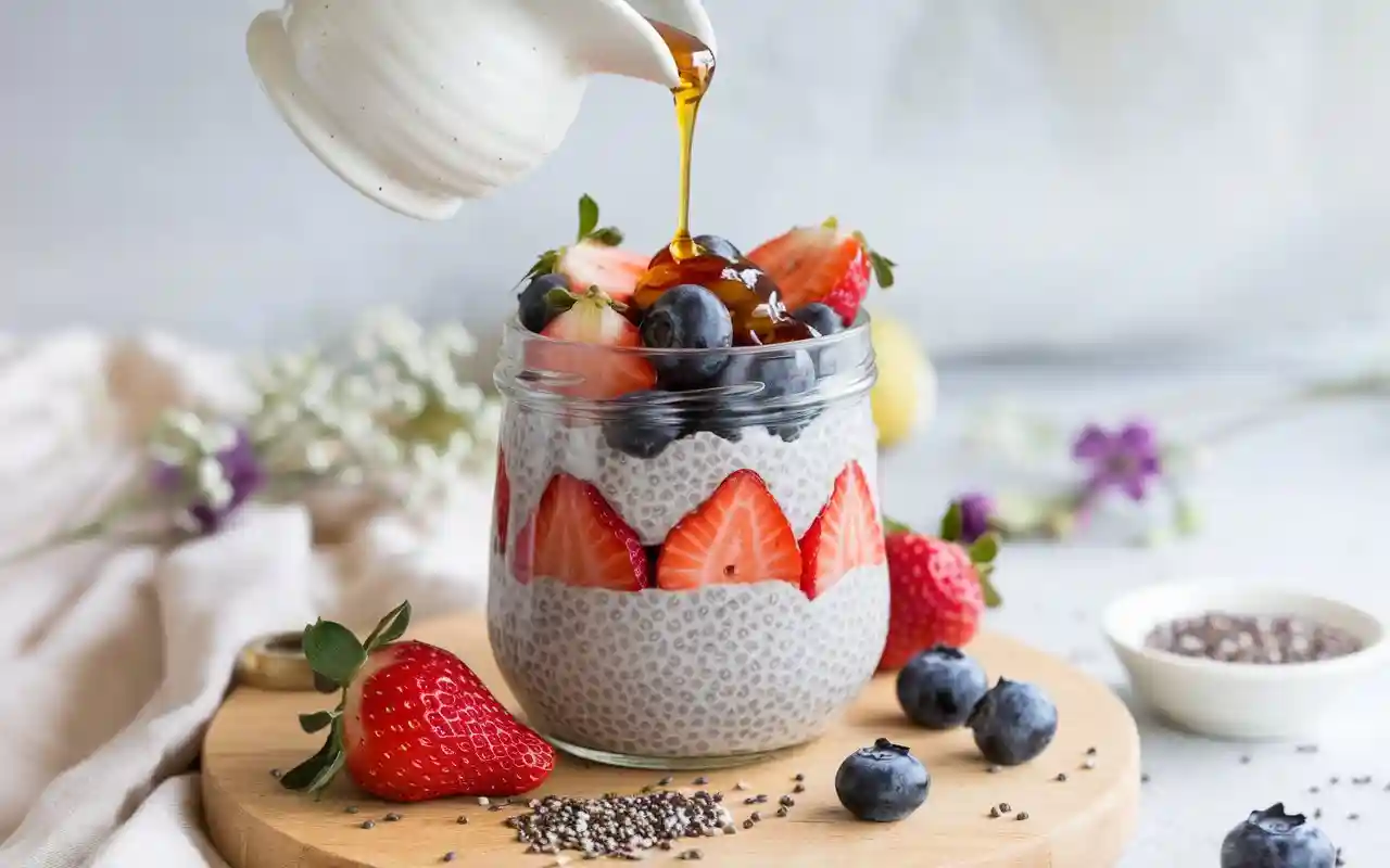 A bowl of creamy Chia Seed Yogurt topped with fresh fruit, granola, and nuts, presented on a cozy wooden table.