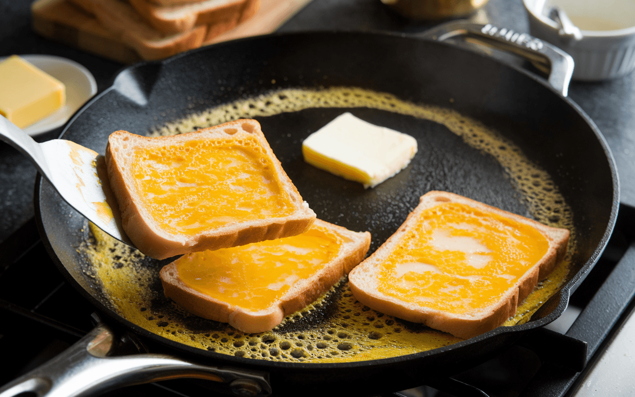 A slice of bread coated in spiced egg batter is placed onto a buttered skillet, while another slice cooks to golden-brown perfection.