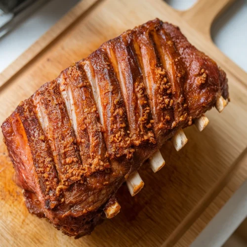 Close-up view of a juicy beef back rib with barbecue sauce on a white kitchen counter.