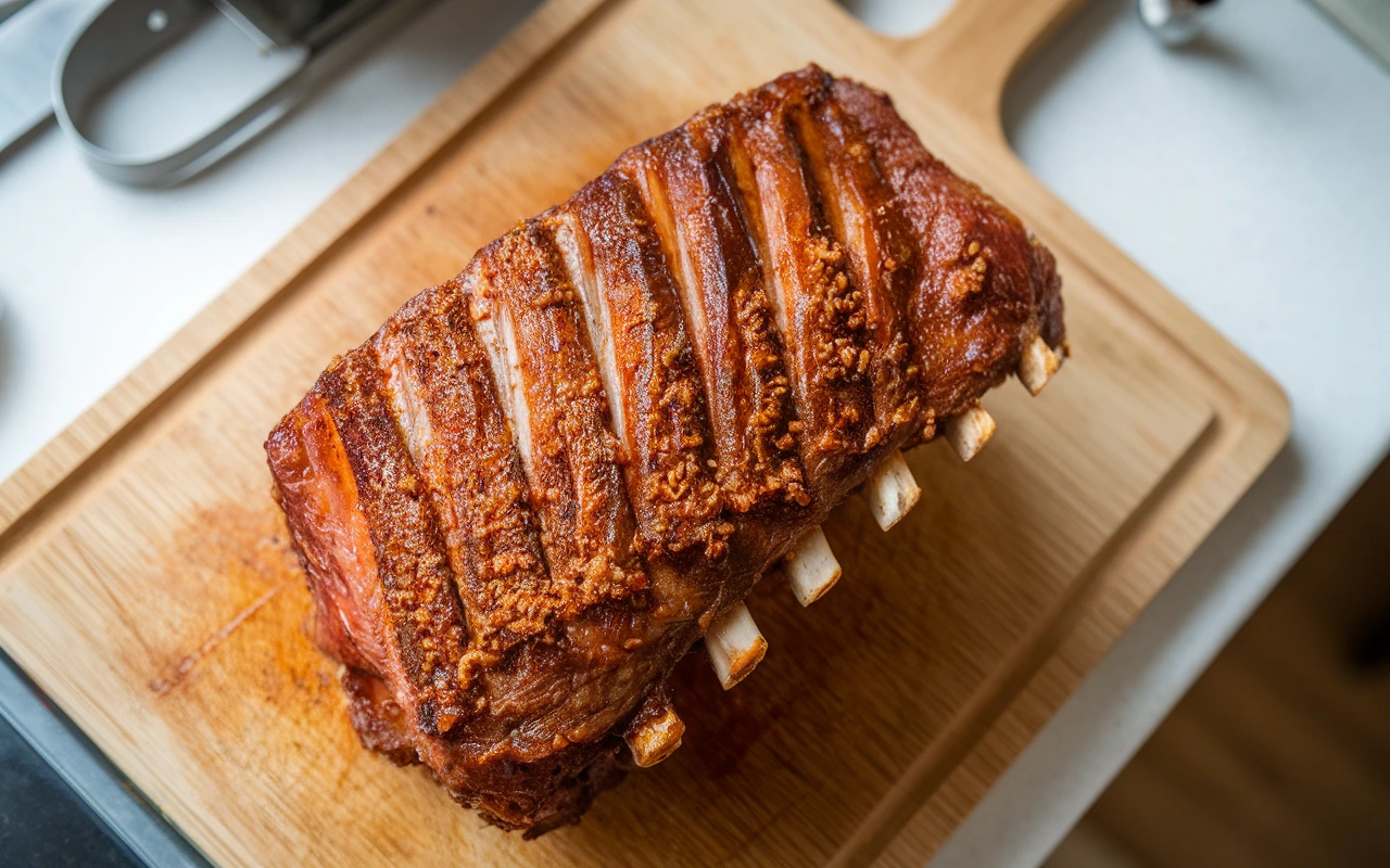 Close-up view of a juicy beef back rib with barbecue sauce on a white kitchen counter.