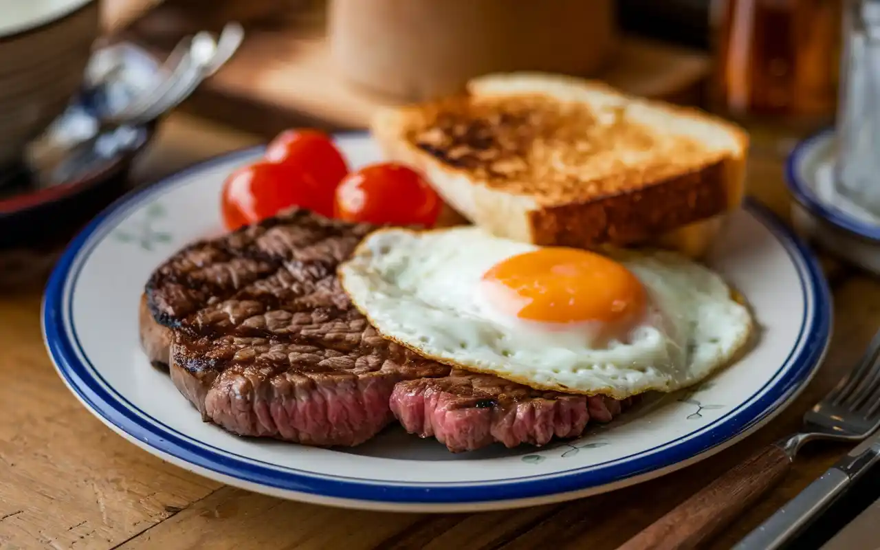 A step-by-step depiction of a canned corned beef breakfast recipe without potatoes, featuring sautéed spinach, bell peppers, mushrooms, eggs, and melted cheese on whole grain toast.