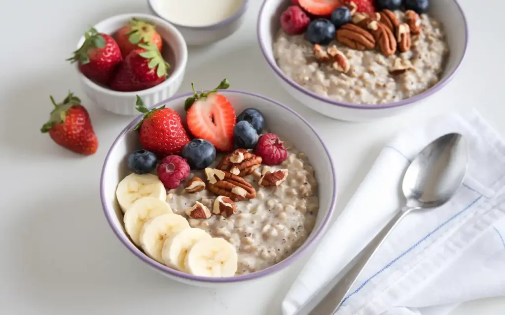 A serving of overnight oats made without yogurt, presented in a glass jar with layers of oats, plant-based milk, fresh fruits, and nuts. Toppings include a sprinkle of seeds and a drizzle of honey, set against a cozy background with wholesome ingredients like oats, almond milk, and fruit.