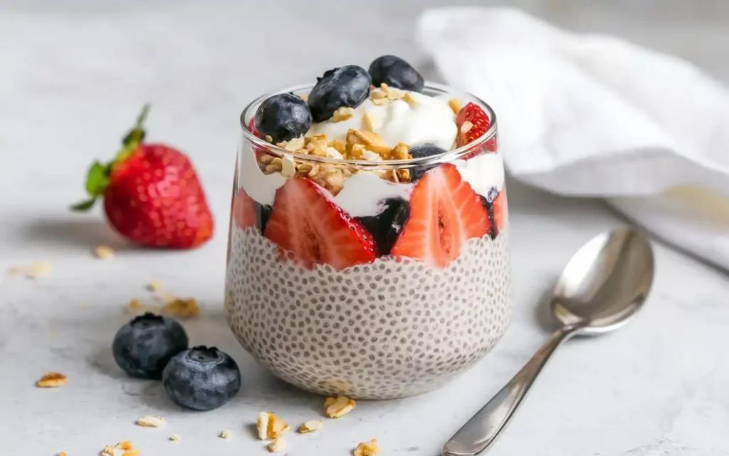 A glass cup with layered chia seed pudding, fresh strawberries and blueberries, topped with yogurt or cream, and surrounded by granola, a whole strawberry, and blueberries.