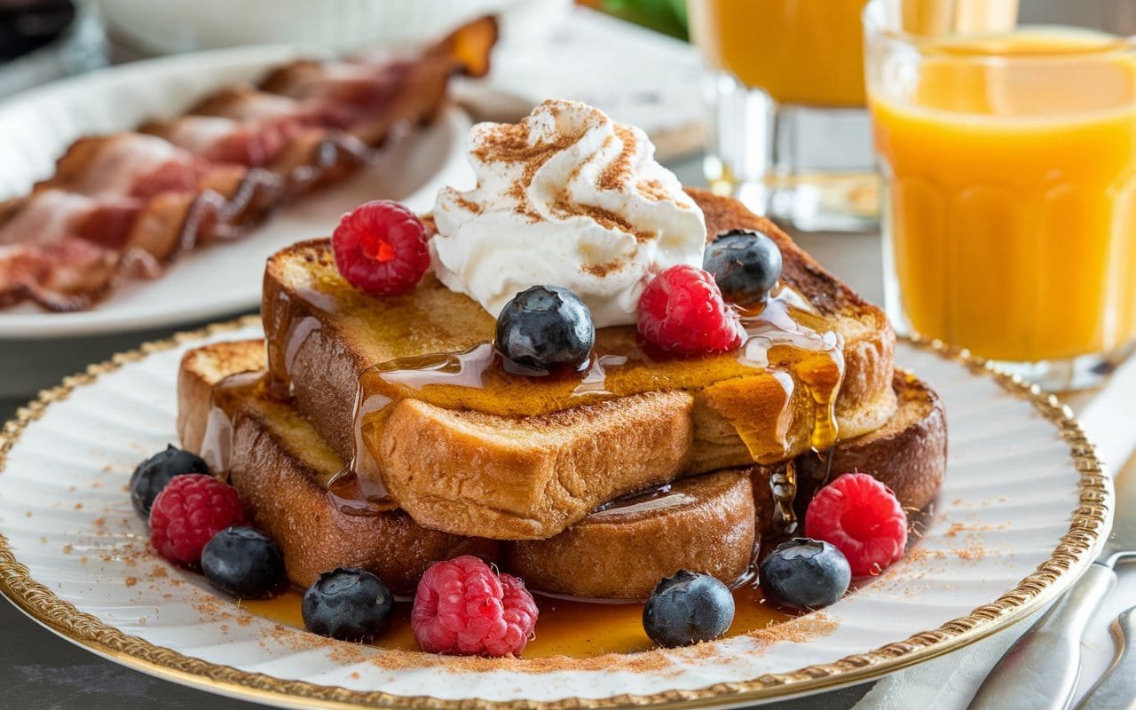 McCormick French Toast topped with whipped cream, fresh berries, and a drizzle of maple syrup for an indulgent breakfast.