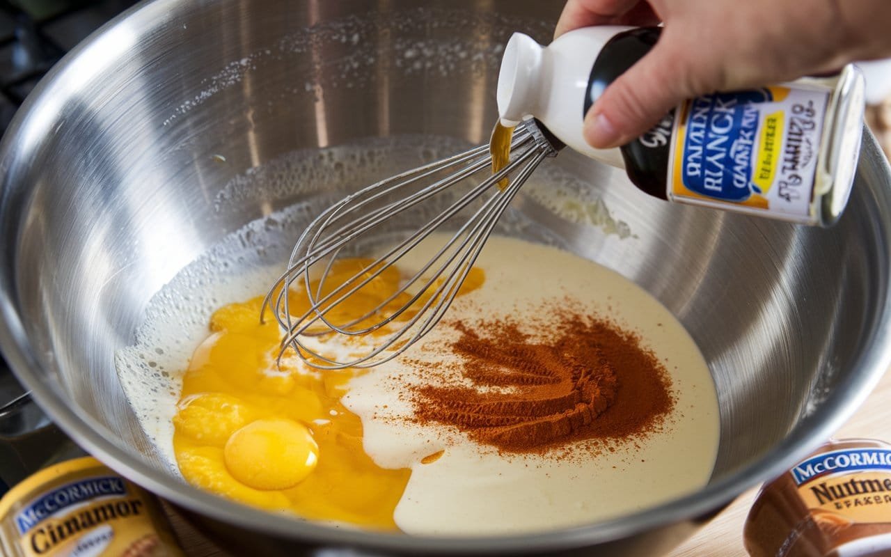 Eggs and milk being whisked in a shallow bowl with McCormick spices—Vanilla Extract, Cinnamon, and Nutmeg—being added, creating a spiced batter.