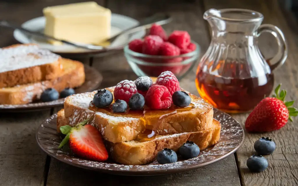 Step-by-step process of making McCormick French Toast, showing bread dipped in spiced egg mixture, cooked golden-brown slices on a skillet, and a final plated serving with maple syrup and berries.