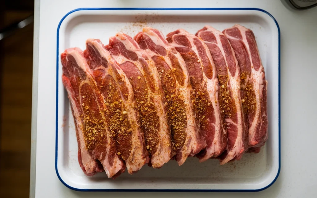 Raw beef back ribs seasoned with spices on a white tray on a white kitchen counter