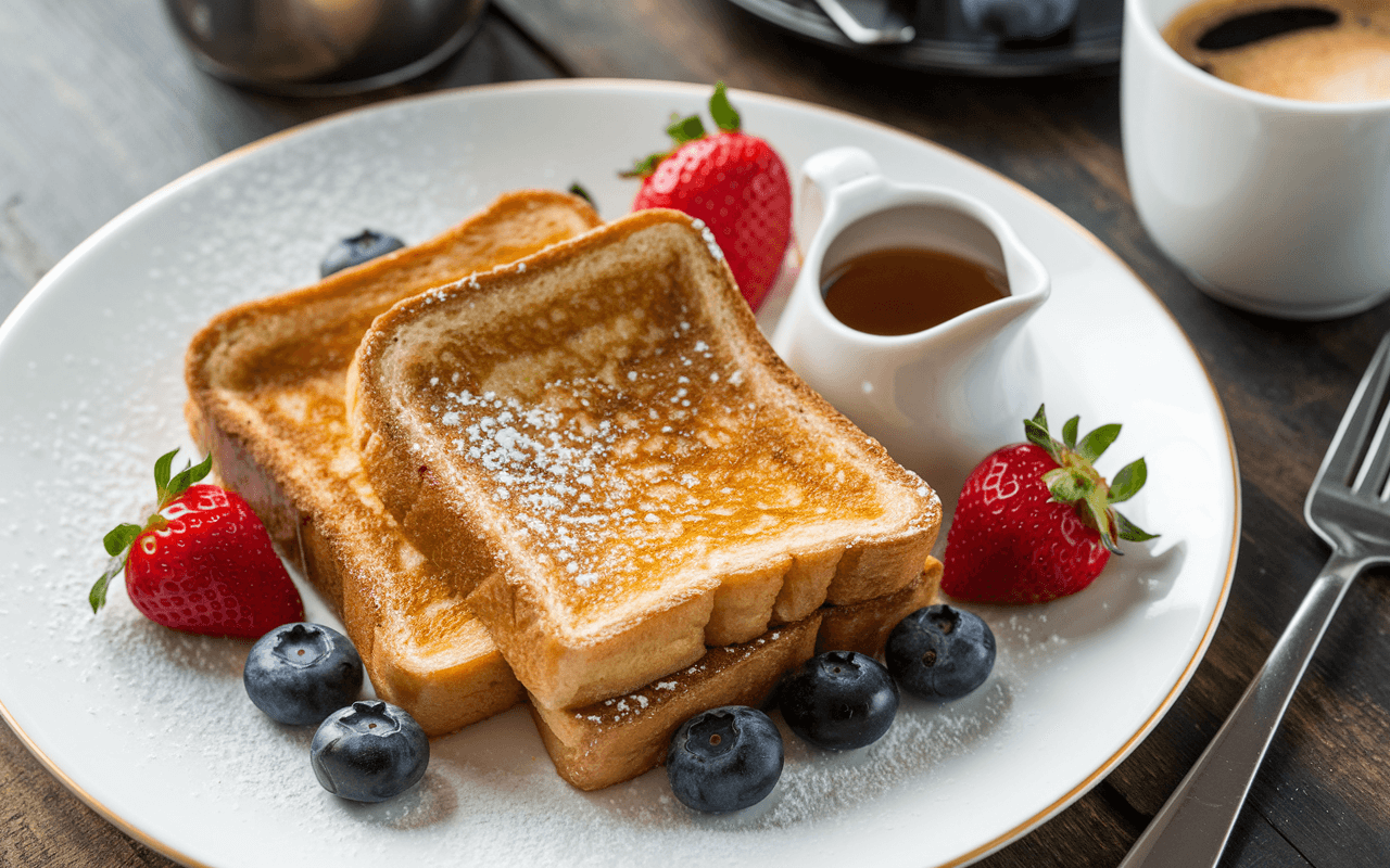 Classic McCormick French Toast served with maple syrup, powdered sugar, and fresh berries on a white plate.