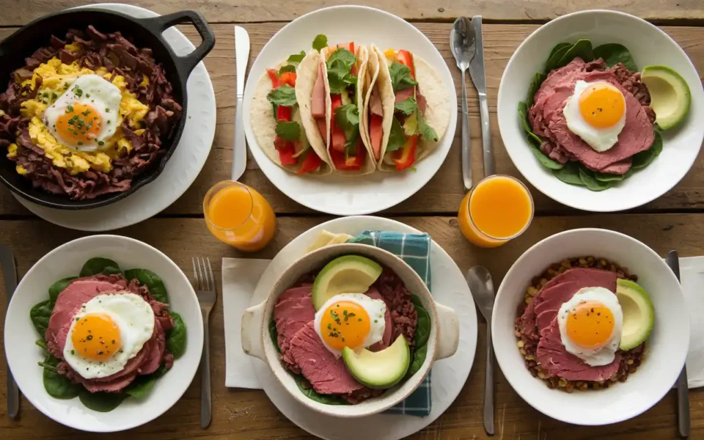 A vibrant breakfast spread featuring five corned beef recipes: scrambled eggs with corned beef, breakfast tacos, a spinach breakfast bowl, a cheese-stuffed omelet, and avocado toast topped with corned beef and poached eggs.