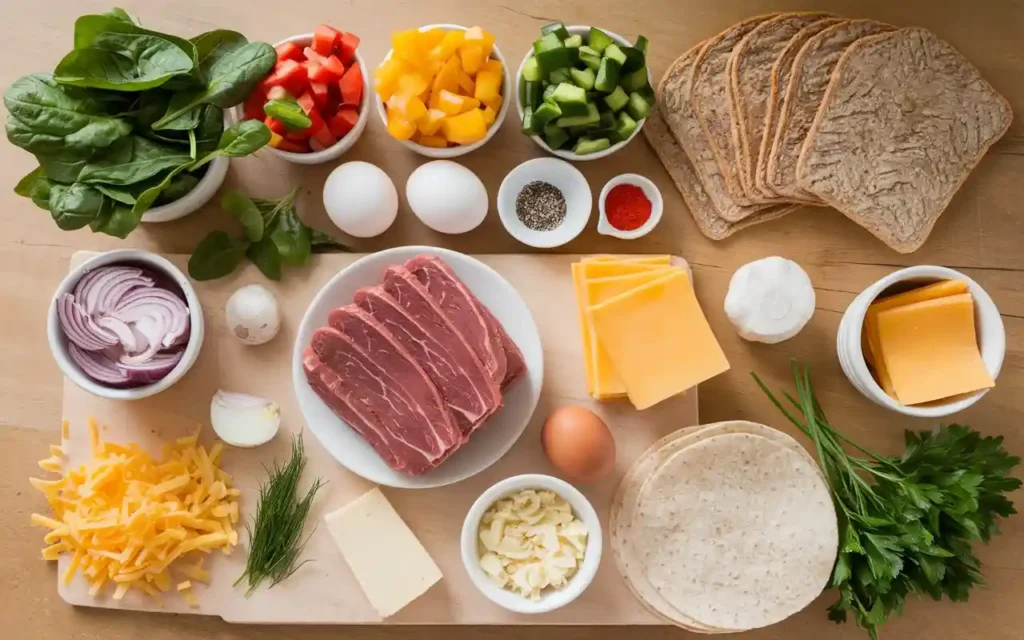 Ingredients for corned beef breakfast pairings, including fresh spinach, bell peppers, mushrooms, eggs, onions, garlic, cheeses, whole grain bread, tortillas, and seasonings like black pepper, red pepper flakes, and fresh herbs.