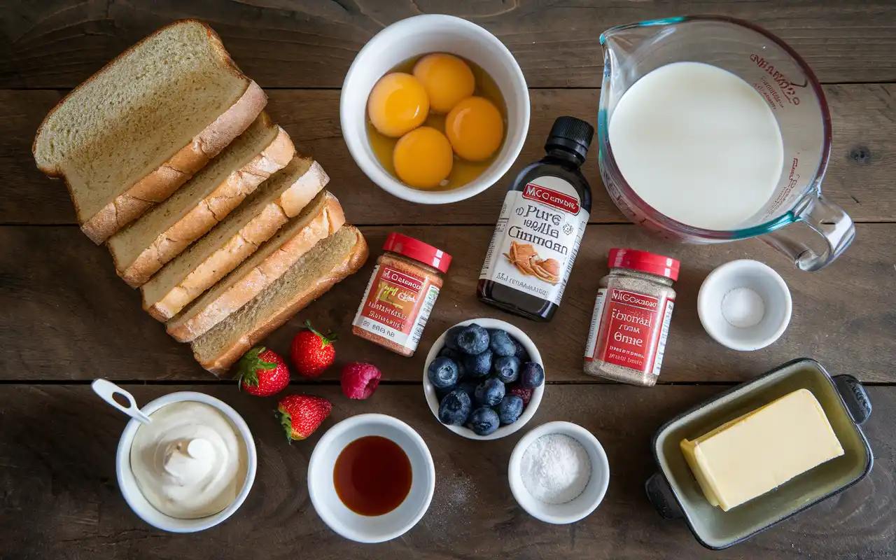 Ingredients for McCormick French Toast arranged on a rustic wooden countertop, including bread, eggs, milk, vanilla extract, cinnamon, nutmeg, salt, butter, and optional toppings like maple syrup and fresh berries.