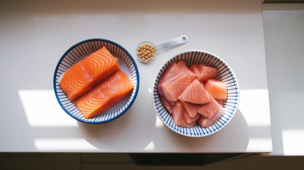 Salmon and trout fillets with omega-3 supplements on a white kitchen counter.