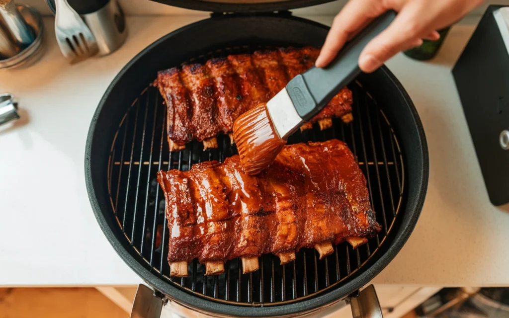 Beef back ribs being brushed with barbecue sauce while cooking on a grill