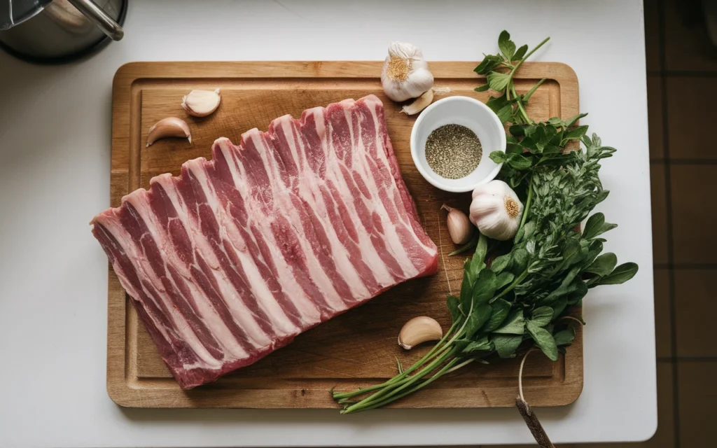 Raw back ribs with marbling, fresh herbs, and garlic.