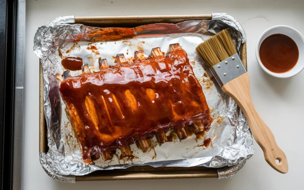 Partially cooked back ribs with barbecue sauce on a foil-lined tray.